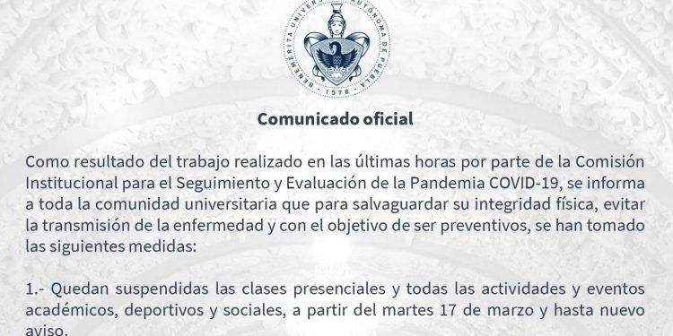 BUAP anuncia suspensión de clases presenciales, eventos deportivos y sociales