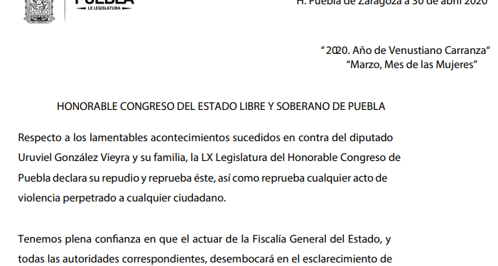Congreso de Puebla repudia asalto y agresión a Uruviel González