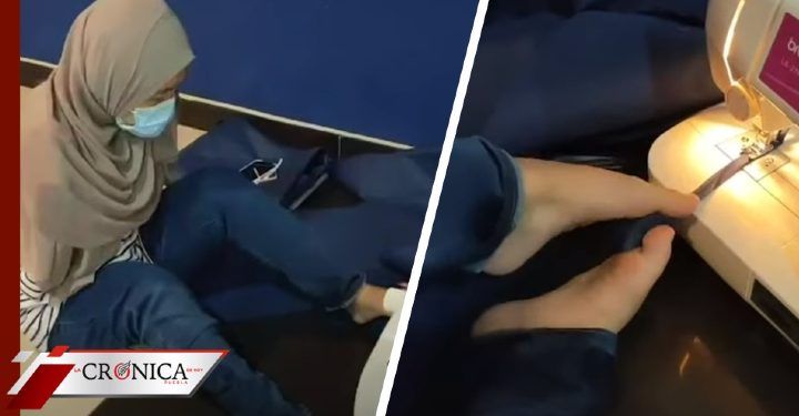 Mujer se hace viral por usar sus pies para fabricar cubrebocas (VIDEO)