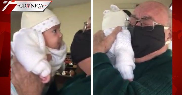 Abuelito conmueve a redes por reacción al conocer a su bisnieto en cuarentena