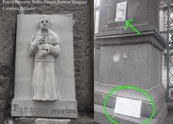 En entrada de la Catedral colocan figuras de yeso con la frase “me gusta el dinero”