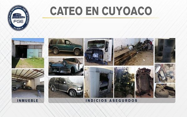 Fiscalía de Puebla realiza cateo en Cuyoaco; hallan vehículos y camión de carga robados