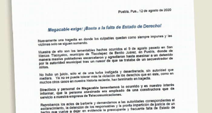 Megacable exige justicia en caso de hombre linchado en Tlacotepec