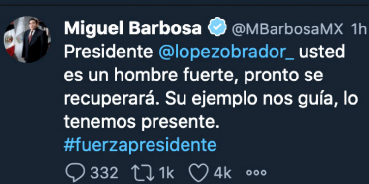 “Fuerza presidente”, mensaje de Barbosa a AMLO
