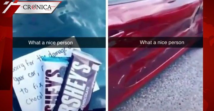Chocan con auto de joven y le dejan chocolates como compensación (VIDEO)