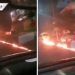 Combi arrastra a motociclista para evitar asalto y se incendia al huir (VIDEO)