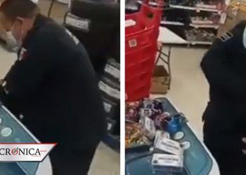 Exhiben a policía de Tabasco por robar productos en tienda departamental (VIDEO)