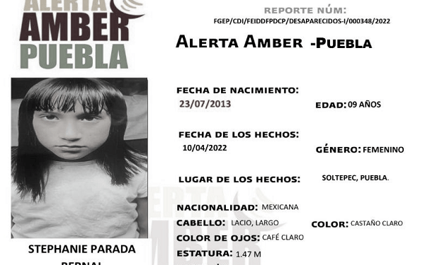 Activan Alerta Amber para localizar a menor de 9 años extraviada en Soltepec