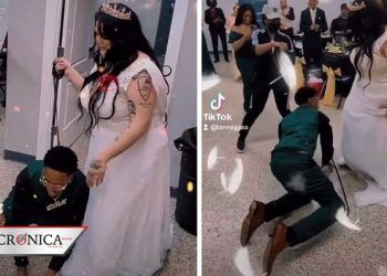 Novia se hace viral por llevar a pareja con correa a recepción de su boda (VIDEO)