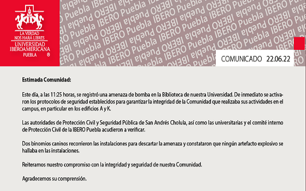 Reportan falsa amenaza de bomba en la biblioteca de la Ibero Puebla
