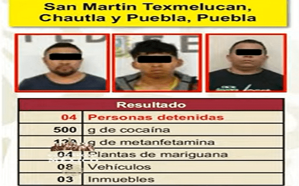 Cuatro detenidos reporta gobierno federal en Puebla por narcomenudeo