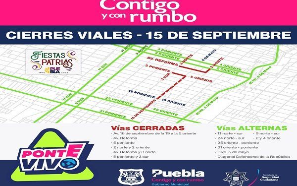 Cierres viales en el centro de Puebla por eventos patrios
