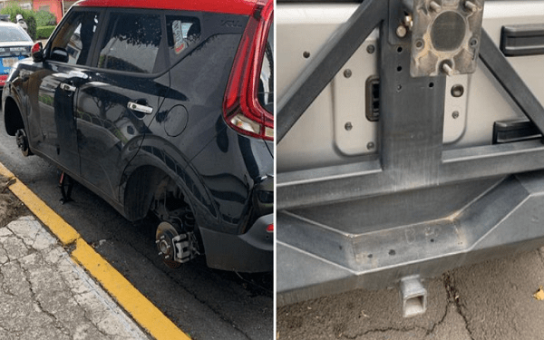 Ladrones de autopartes dejan camioneta sin llantas en la colonia La Paz