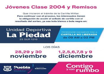 Convoca Ayuntamiento de Puebla a jóvenes Clase 2004 y remisos a sellado de cartilla