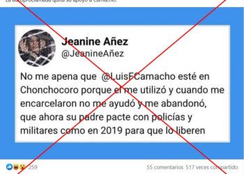 Es falso este supuesto tuit de Jeanine Añez sobre la detención del gobernador Camacho en Bolivia
