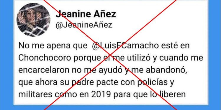 Es falso este supuesto tuit de Jeanine Añez sobre la detención del gobernador Camacho en Bolivia