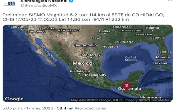 Se registra sismo en Chiapas; fue perceptible en Puebla