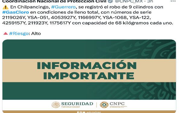 Roban nueve cilindros de gas cloro en Guerrero; emiten alerta en Puebla y cinco estados
