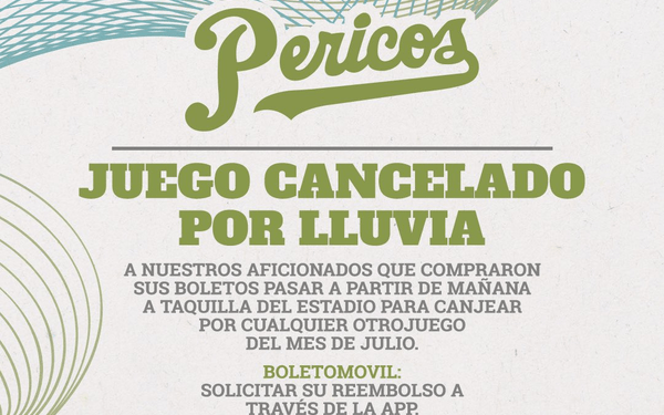 Por lluvia, suspenden juego entre Pericos y Olmecas