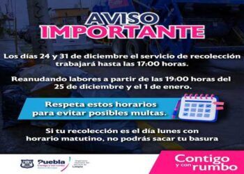 Servicio de recolección de basura será suspendido el 25 de diciembre y 1 de enero en Puebla capital